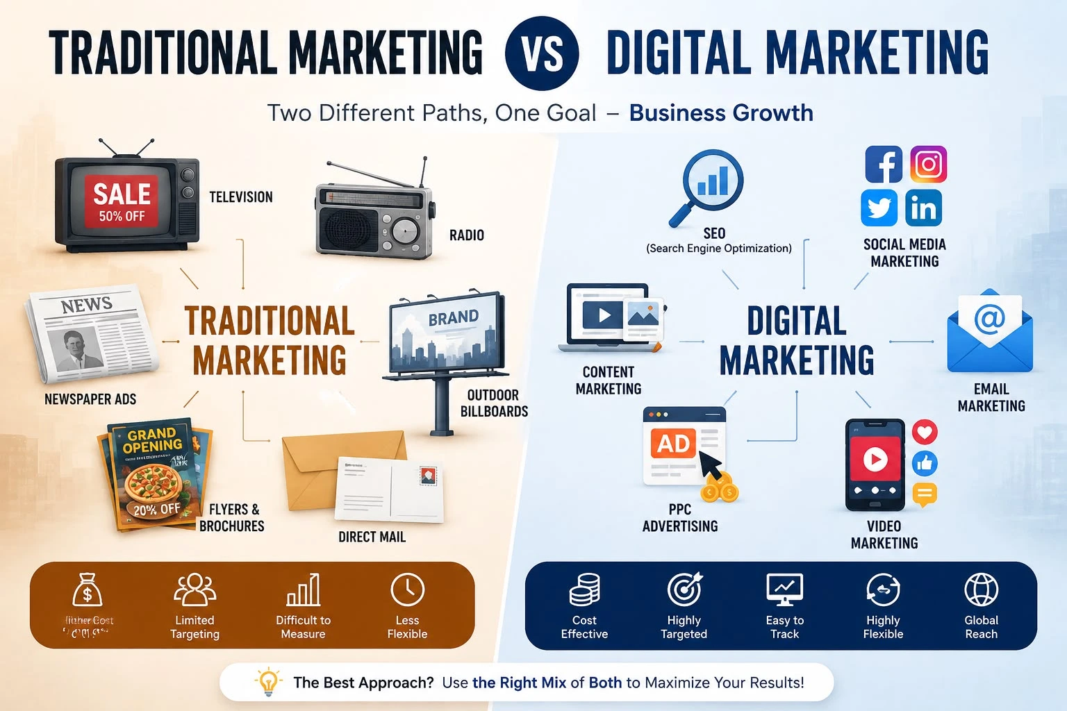 Traditional vs Digital Marketing infographic comparing offline and online marketing strategies